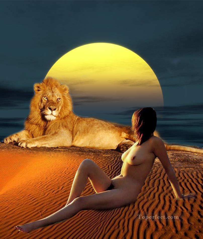 lion and beauty nude original Oil Paintings